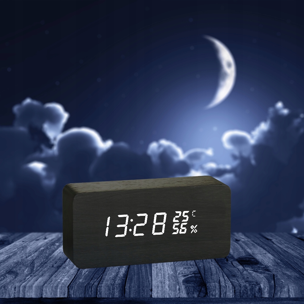 Drevené LED hodiny s budíkom a teplomerom