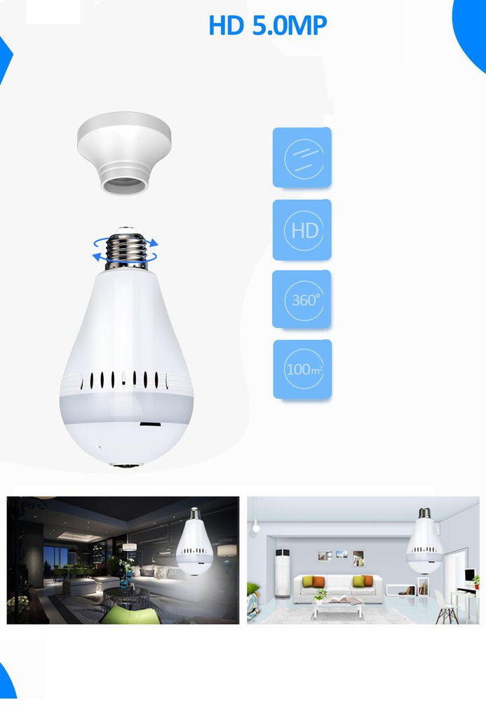360° Smart žiarovka s kamerou a WiFi a obojsmerným audio – 2MP HD dohľad