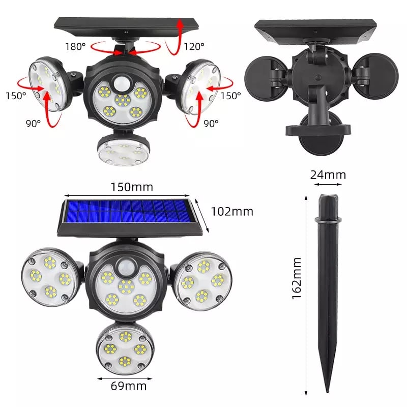 Solárna nástenná lampa 103 LED so štyrmi hlavami 25W