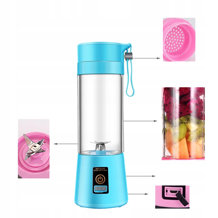 Prenosný mixér pre turistov, USB, batéria, 380 ml