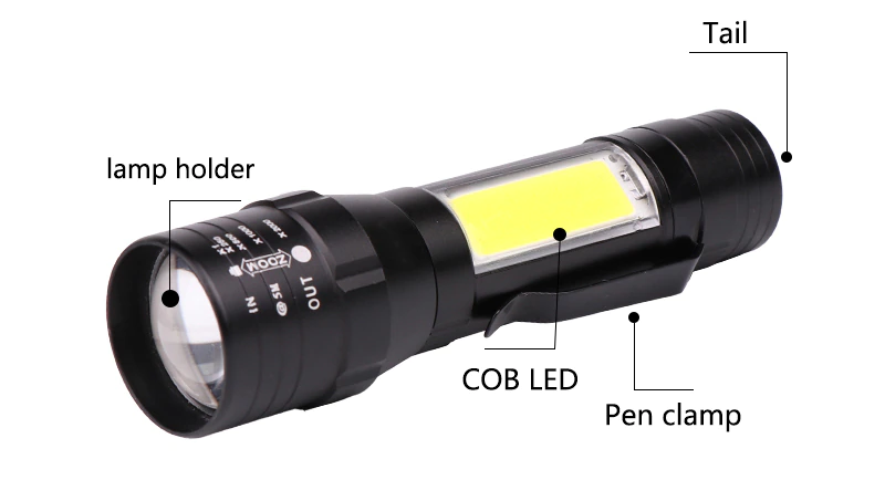Taktická baterka COB so zoomom XML T6 USB