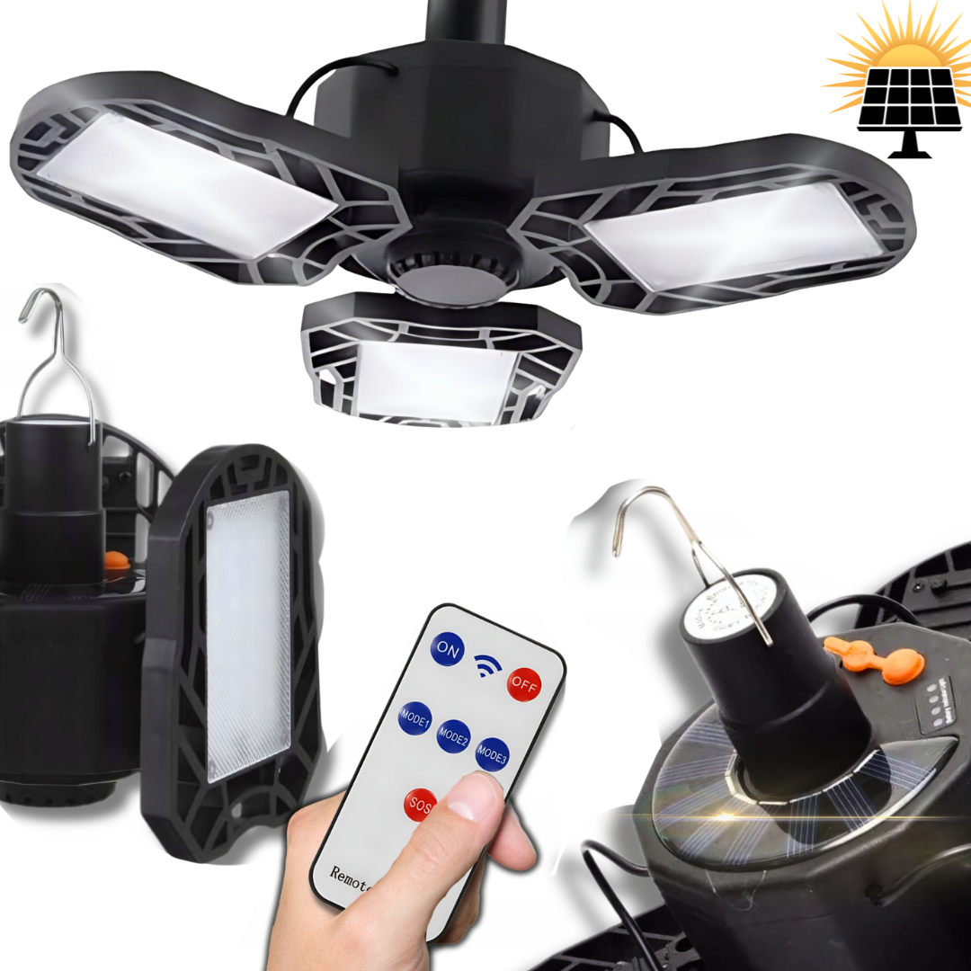 Solárna LED závesná lampa s panelom pre garáž, dielňu a vonkajšie použitie