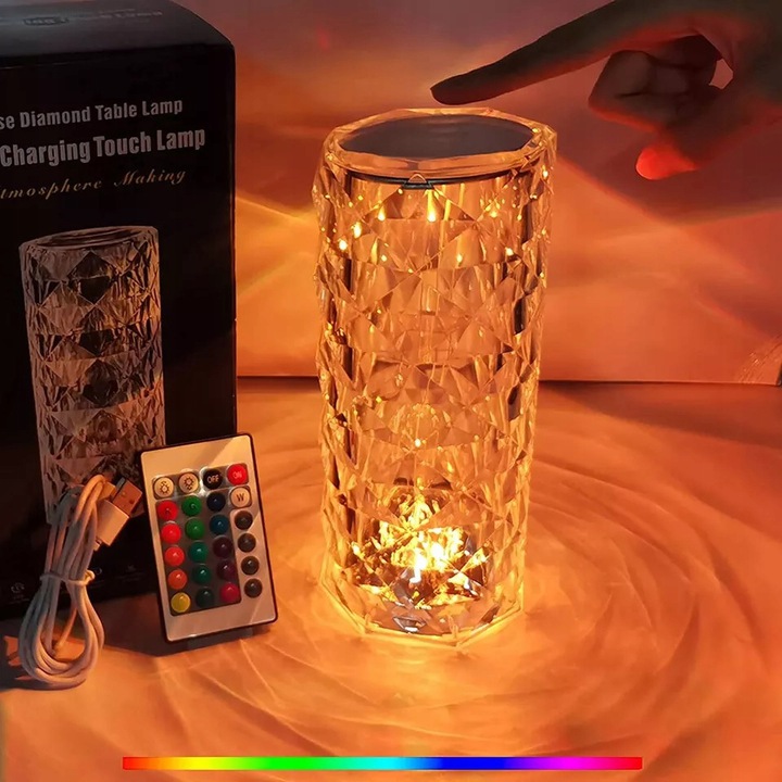 Kryštálová diamantová lampa s ružovým efektom, USB + diaľkové ovládanie