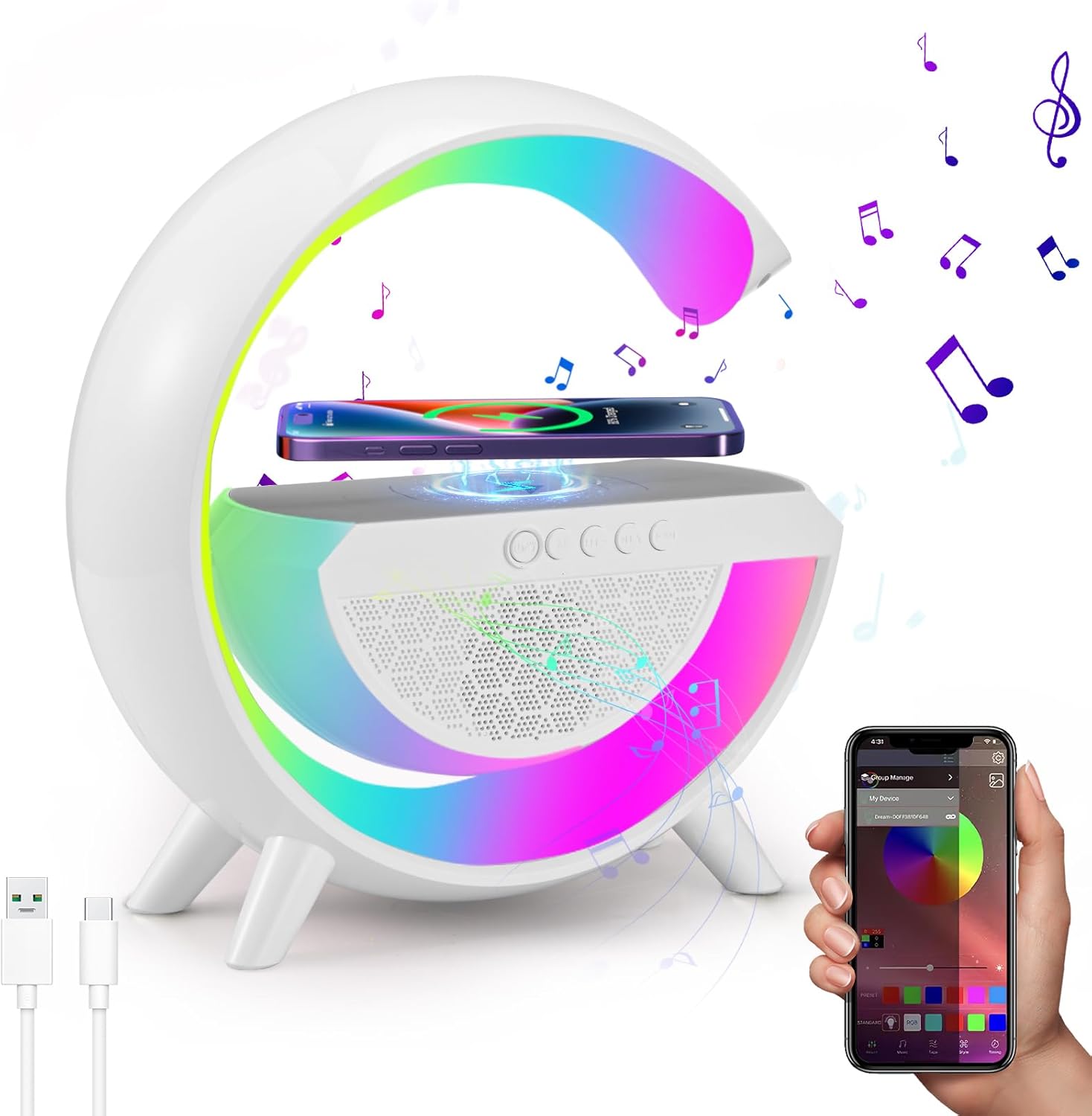 LED lampa s QI nabíjačkou a Bluetooth reproduktorom