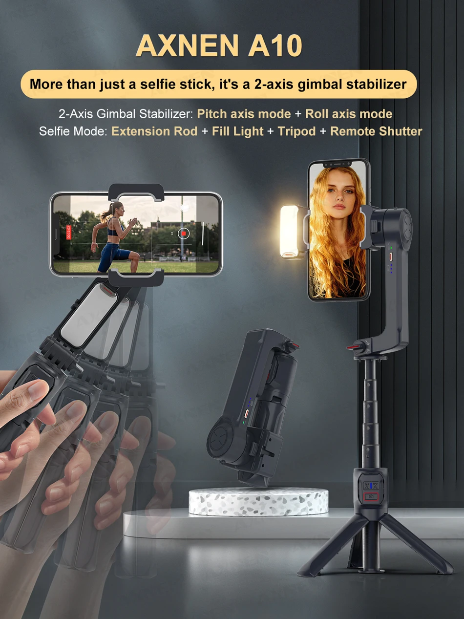 2-osový gimbal stabilizátor a selfie tyč | odnímateľné svetlo A10