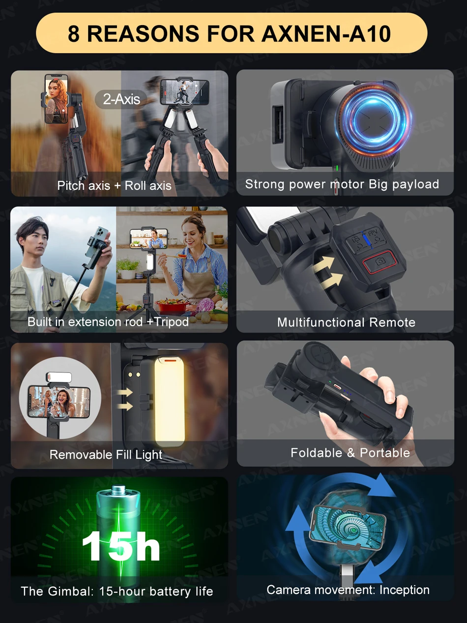2-osový gimbal stabilizátor a selfie tyč | odnímateľné svetlo A10